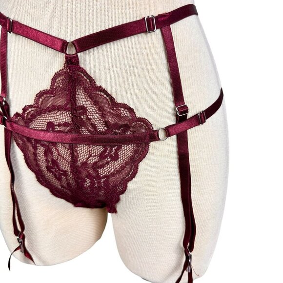 Oh La La Cherri Sexy Burgundy Lace Bralette,Panty & Garter Belt 3 Piece Lingerie - Picture 6 of 13